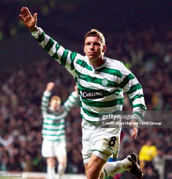 Celtic star Alan Thompson celebrates after notching the only goal of the game.