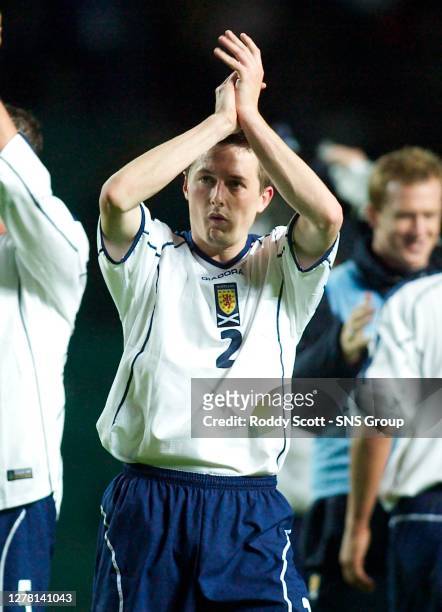 V SCOTLAND.LE COQ ARENA - TALLINN.David McNamee applauds the travelling Scotland fans at the end of the game
