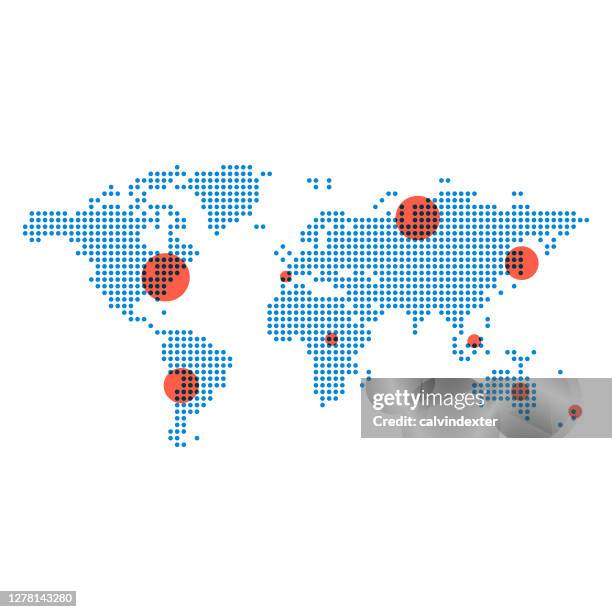 world map dots and red spots - epidemic map stock illustrations