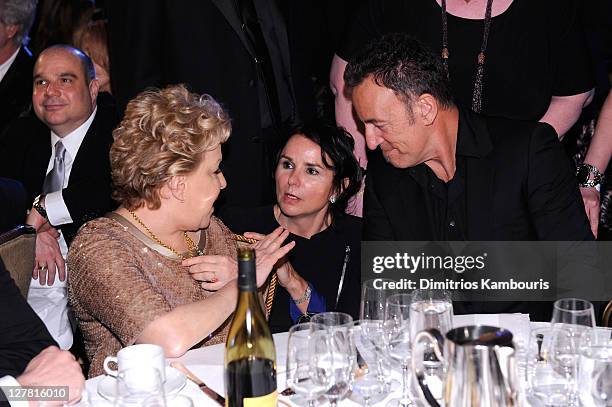 Presenter Bette Midler, Singer Patty Smyth and Bruce Springsteen attend a dinner for the 26th annual Rock and Roll Hall of Fame Induction Ceremony at...