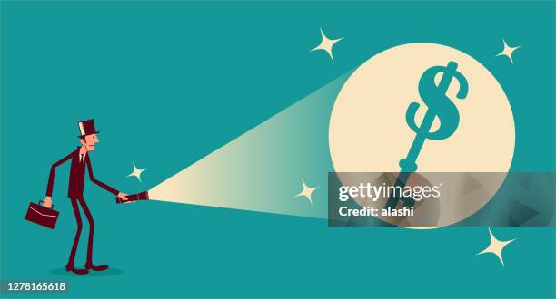 young businessman shines a flashlight and finds a big dollar sign key (focus on shadow; the key to financial freedom; key to success) - dollar sign key stock illustrations