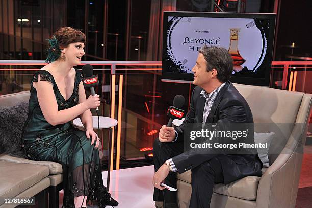 Singer Meaghan Smith chats with CTV's eTalk host Ben Mulroney in the eTalk Lounge featuring Beyoncé Heat during the 2011 Juno Awards at the Air...