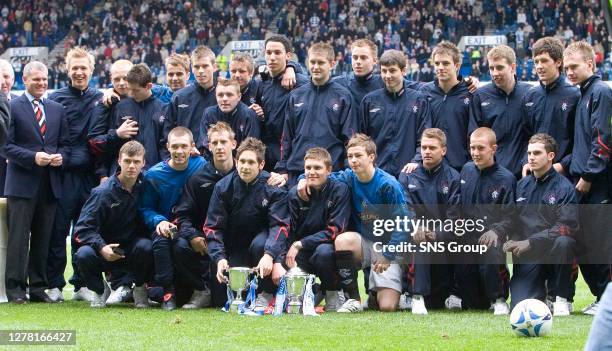 V KILMARNOCK .IBROX - GLASGOW .The Rangers U19 squad parade the Youth Cup and U19 league trophies. John Greig , Ian Durrant, Jeroen van den Broeck,...