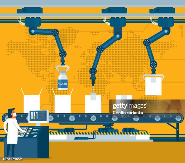 stockillustraties, clipart, cartoons en iconen met farmaceutische fabriek - lopende band