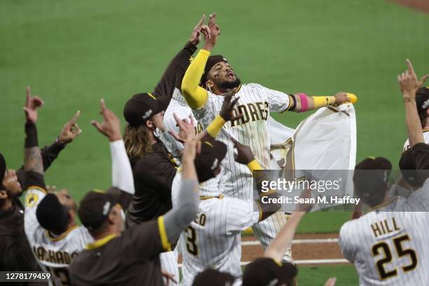 Fernando Tatis Jr. #23 of the San Diego Padres celebrates a series win against the St. Louis Cardinals during Game Three of the National League Wild...