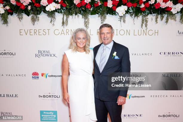 Samantha Armytage and Richard Lavender attend the Everest Carnival Fashion Lunch on TAB Epsom Day at Royal Randwick Racecourse on October 03, 2020 in...