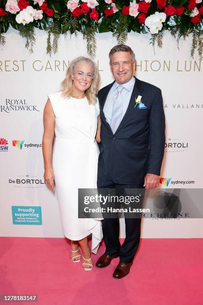 Samantha Armytage and Richard Lavender attend the Everest Carnival Fashion Lunch on TAB Epsom Day at Royal Randwick Racecourse on October 03, 2020 in...