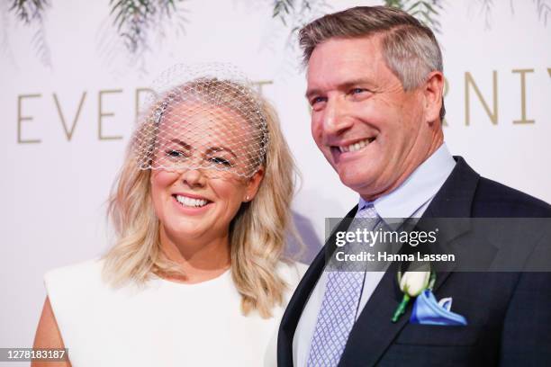 Samantha Armytage and Richard Lavender attend the Everest Carnival Fashion Lunch on TAB Epsom Day at Royal Randwick Racecourse on October 03, 2020 in...