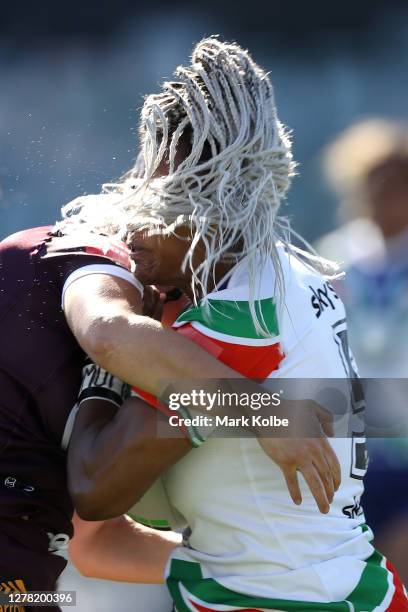 Ellia Green of the Warriors is tackled during the round one NRLW match between the Brisbane Broncos and the New Zealand Warriors at GIO Stadium on...