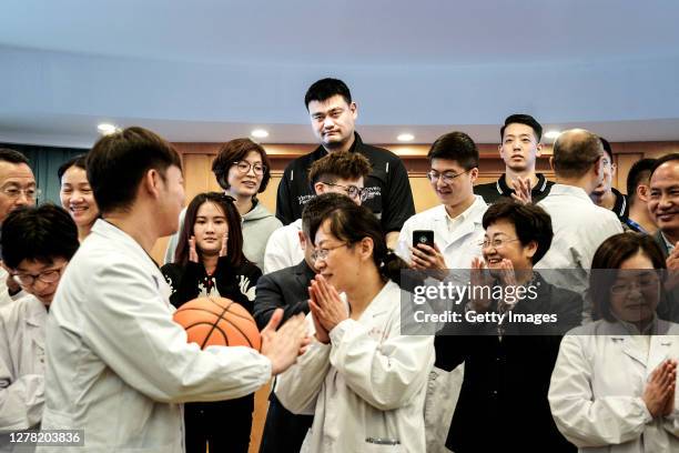 Chinese Basketball Association President and Yao Foundation founder Yao Ming visits Huoshenshan Hospital on October 3, 2020 in Wuhan, Hubei province,...