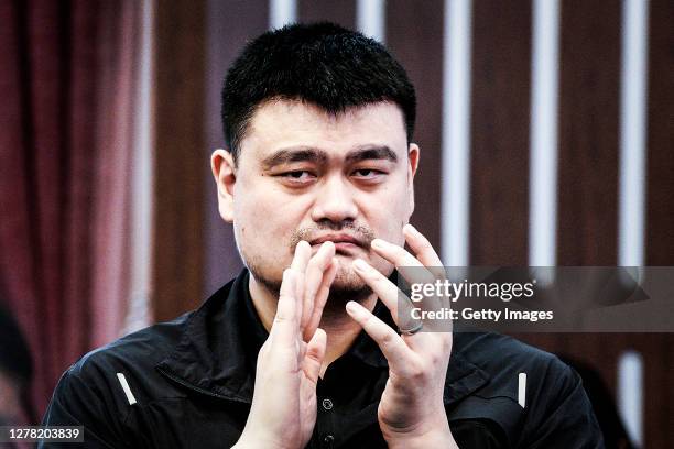 Chinese Basketball Association President and Yao Foundation founder Yao Ming visits Huoshenshan Hospital on October 3, 2020 in Wuhan, Hubei province,...