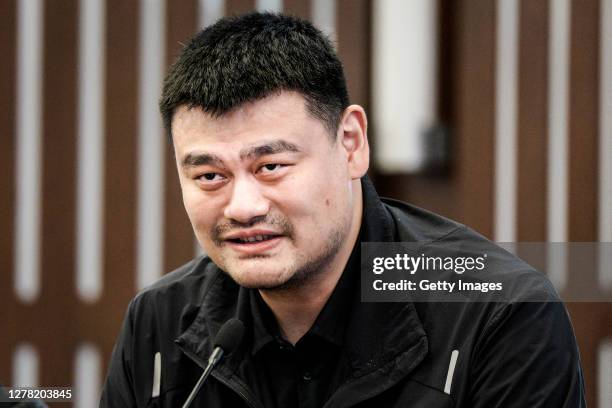 Chinese Basketball Association President and Yao Foundation founder Yao Ming visits Huoshenshan Hospital on October 3, 2020 in Wuhan, Hubei province,...