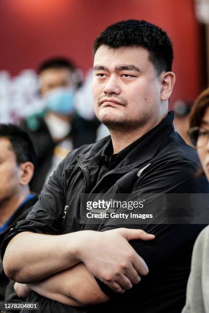 Chinese Basketball Association President and Yao Foundation founder Yao Ming visits Huoshenshan Hospital on October 3, 2020 in Wuhan, Hubei province,...