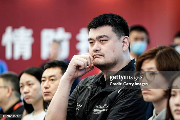 Chinese Basketball Association President and Yao Foundation founder Yao Ming visits Huoshenshan Hospital on October 3, 2020 in Wuhan, Hubei province,...