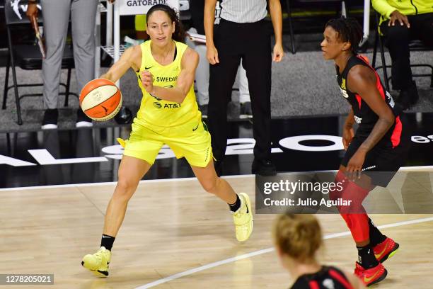 Sue Bird of the Seattle Storm passes the ball during the second half of Game 1 of the WNBA Finals at Feld Entertainment Center on October 02, 2020 in...