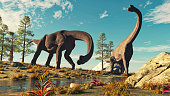 Two brachiosaurus near a stream in the nature . This is a 3d render illustration .