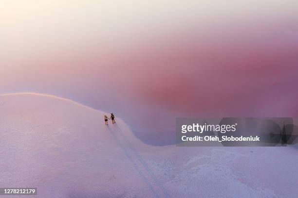 malerische luftaufnahme von heterosexuellen wanderungen auf rosa salzsee - colour image stock-fotos und bilder
