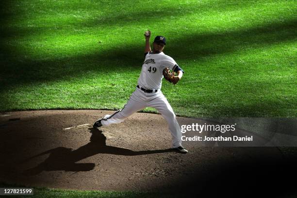 Yovani Gallardo of the Milwaukee Brewers throws a pitch during Game One of the National League Division Series against the Arizona Diamondbacks at...