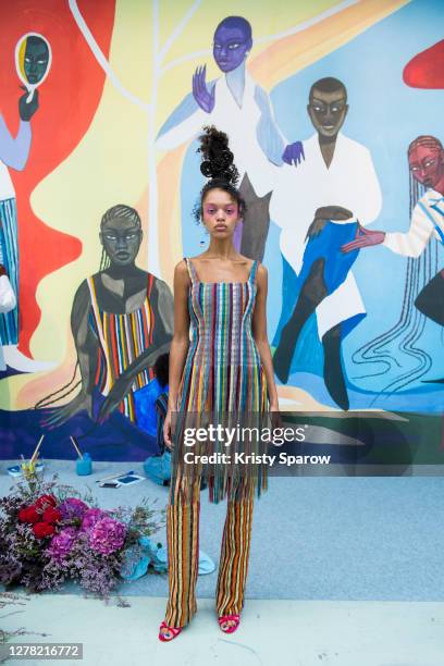 Model poses the during the Kenneth Ize Womenswear Spring/Summer 2021 show as part of Paris Fashion Week on October 01, 2020 in Paris, France.