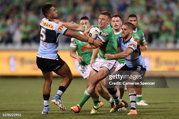 Jack Wighton of the Raiders is tackled during the NRL Elimination Final match between the Canberra Raiders and the Cronulla Sharks at GIO Stadium on...