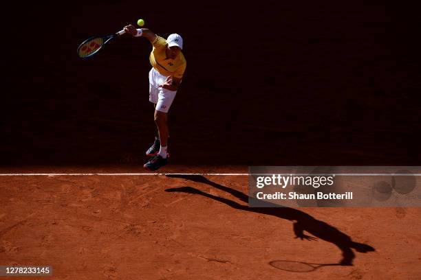 Daniel Altmaier of Germany serves during his Men's Singles third round match against Matteo Berrettini of Italy on day seven of the 2020 French Open...