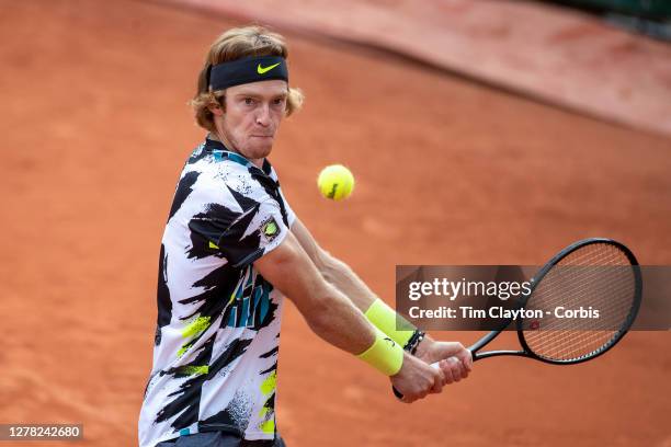 October 03. Andrey Rublev of Russia in action against Kevin Anderson of South Africa in the third round of the singles competition on Court Simonne...