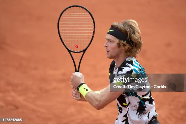 October 03. Andrey Rublev of Russia in action against Kevin Anderson of South Africa in the third round of the singles competition on Court Simonne...