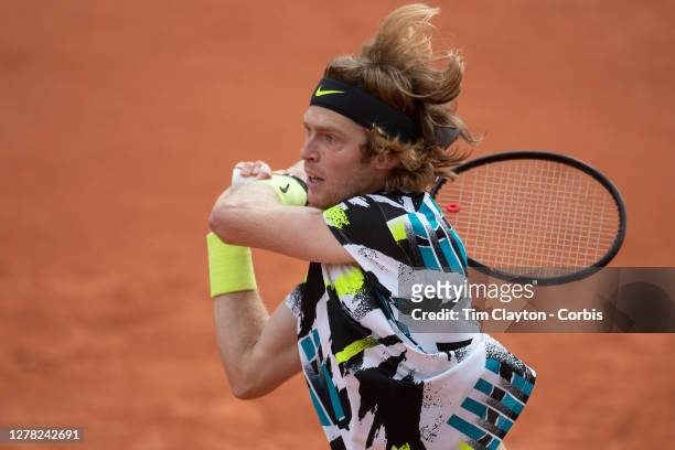 October 03. Andrey Rublev of Russia in action against Kevin Anderson of South Africa in the third round of the singles competition on Court Simonne...