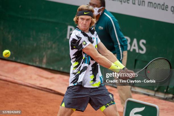 October 03. Andrey Rublev of Russia in action against Kevin Anderson of South Africa in the third round of the singles competition on Court Simonne...