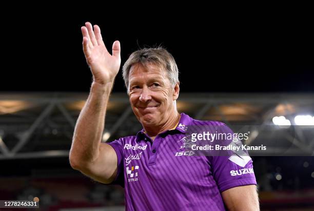 Coach Craig Bellamy of the Storm celebrates victory after the NRL Qualifying Final match between the Melbourne Storm and the Parramatta Eels at...