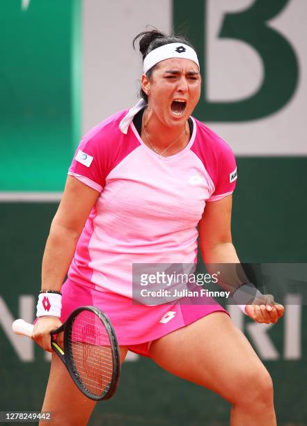 Ons Jabeur of Tunisia celebrates after winning a point during her Women's Singles third round match against Aryna Sabalenka of Belarus on day seven...