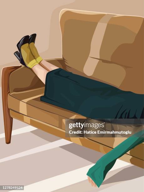 woman lying on couch concept flat design - sleep illustration stock illustrations