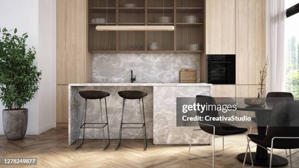 modern kitchen and dining room interior stock photo - beauty cabinet stock pictures, royalty-free photos & images