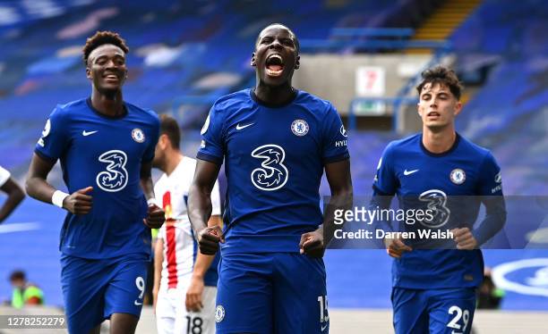 Kurt Zouma of Chelsea celebrates with teammates after scoring his sides second goal during the Premier League match between Chelsea and Crystal...