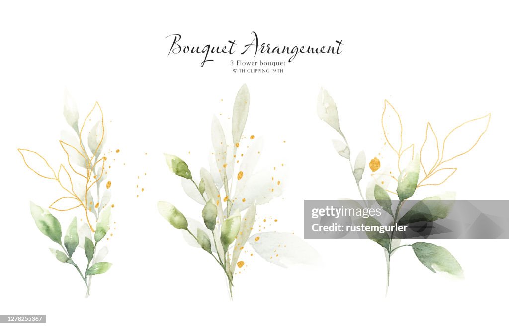 Satz von grün und Blatt Gold Aquarell Bouquet