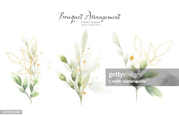 ilustrações de stock, clip art, desenhos animados e ícones de set of green and gold leaf watercolor bouquet - ramo-de-flores