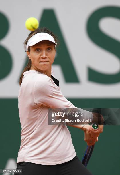 Patricia Maria Tig of Romania plays a backhand during her Women's Singles third round match against Fiona Ferro of France on day seven of the 2020...