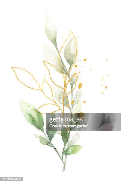 green and gold leaf watercolor bouquet - gold floral pattern stock illustrations