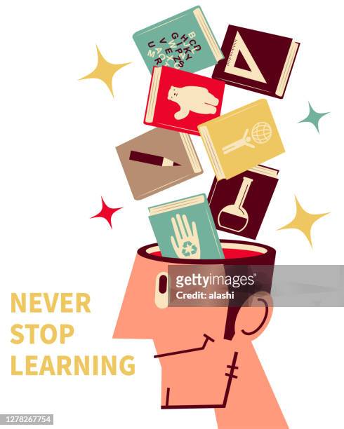 books are flying into (or flying out of) a man's open head; never stop learning; to invest in yourself - asian guy reading tablet stock illustrations