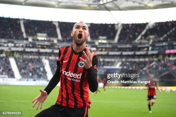 Bas Dost of Eintracht Frankfurt celebrates after scoring his team's second goal during the Bundesliga match between Eintracht Frankfurt and TSG...