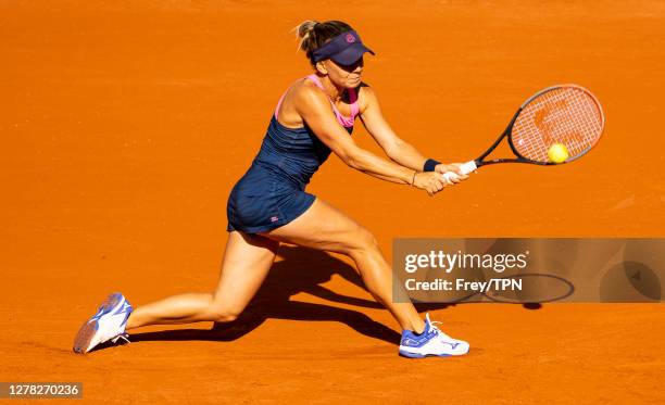 Irina Bara of Romania hits a backhand against Sofia Kenin of the United States in the third round of the women’s singles at Roland Garros on October...