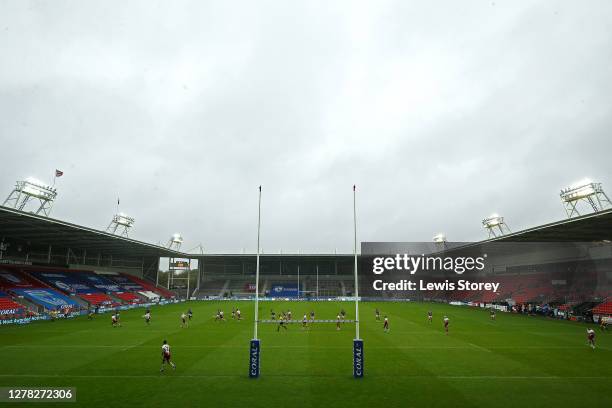 General view of play is seen during the Coral Challenge Cup Semi-Final match between Leeds Rhinos and Wigan Warriors at Totally Wicked Stadium on...