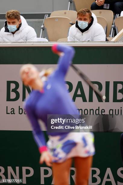 Jiri Vanek, Coach of Petra Kvitova of Czech Republic watches her Women's Singles third round match against Leylah Fernandez of Canada on day seven of...