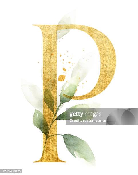 gold letter p decorated with watercolor leaves - metal flower arrangement stock illustrations