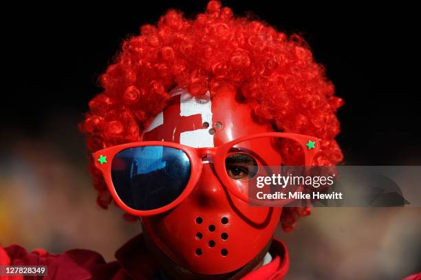 Tonga fan cheers his team on during the IRB 2011 Rugby World Cup Pool A match between France and Tonga at Wellington Regional Stadium on October 1,...