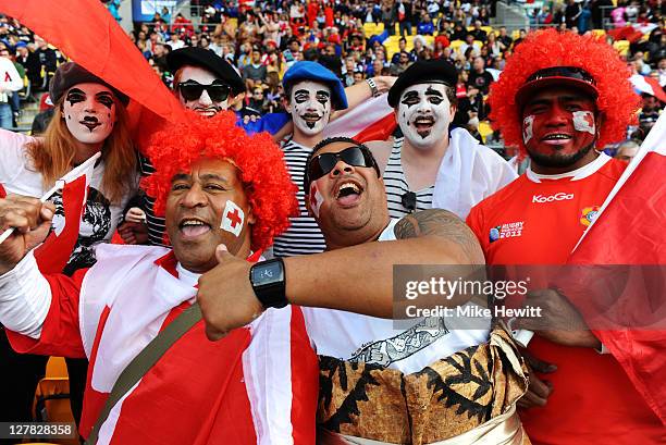 France and Tonga fans cheer on their teams during the IRB 2011 Rugby World Cup Pool A match between France and Tonga at Wellington Regional Stadium...