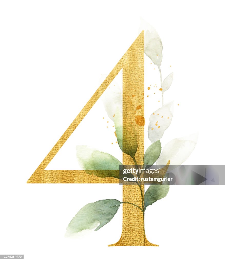 Oro número 4 decorado con hojas de acuarela
