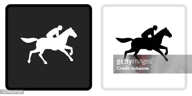 horse racer icon on  black button with white rollover - racehorse stock illustrations
