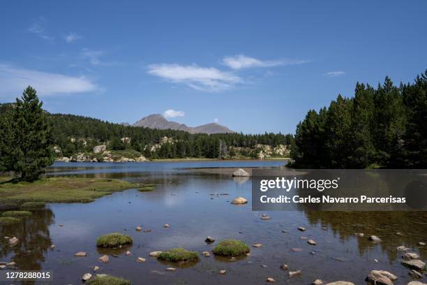 alpine landscape with a lake with rocks coming out of the water and some mountain peaks. french pyrenees in font romeu - wilderness font stock pictures, royalty-free photos & images