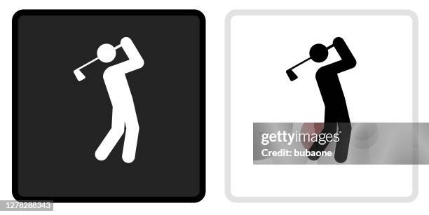 golfer swinging the golf club icon on  black button with white rollover - golfer stock illustrations